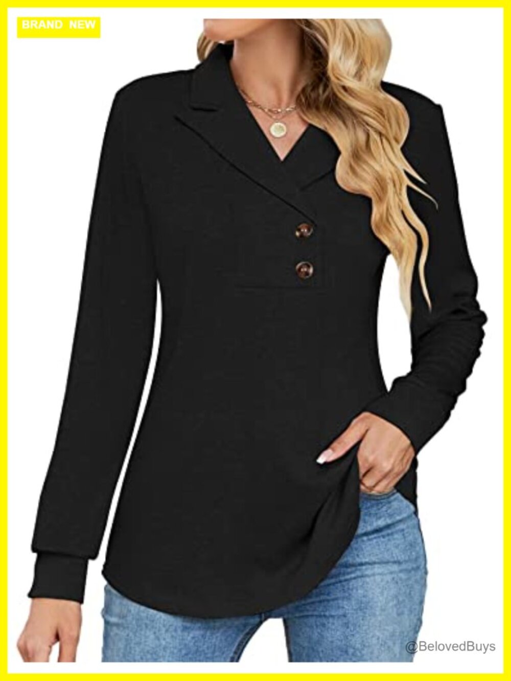 Long Sleeve Button Lapel Tunic Top V Neck Business Casual Swing Pullover